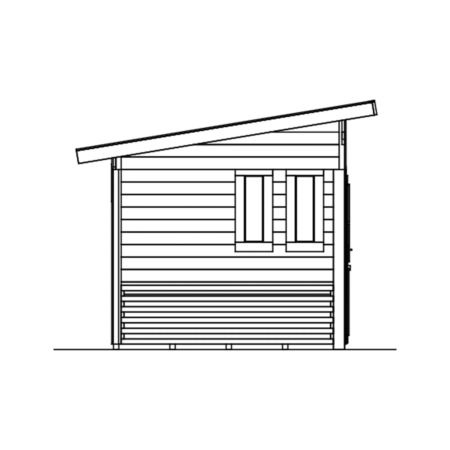 Skizze Gartenhaus Namur, 690x250 cm, schiefergrau, mit Fenster und Pultdach.