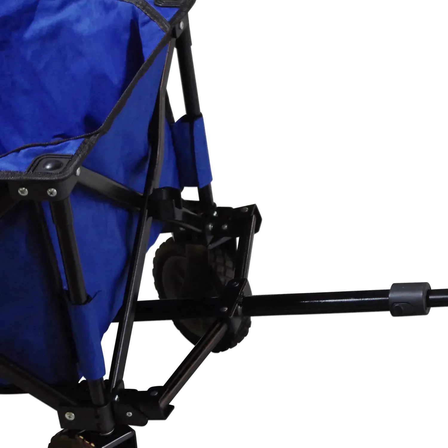 Detailansicht des blauen, faltbaren Axi Bollerwagen AB110 mit Deichsel und Rad.