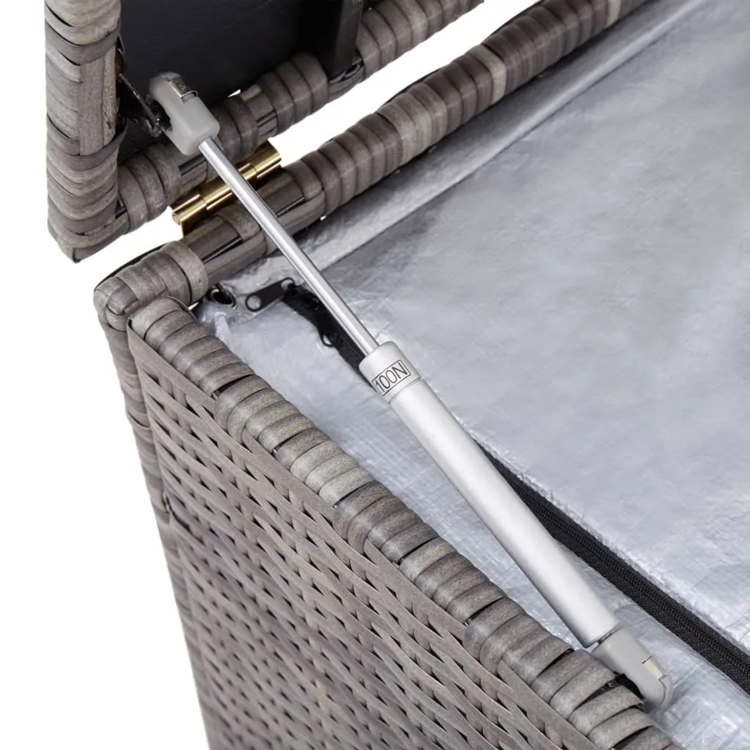 Detailansicht: Graue VidaXL Gartenbox aus Rattan mit Gasdruckfeder.