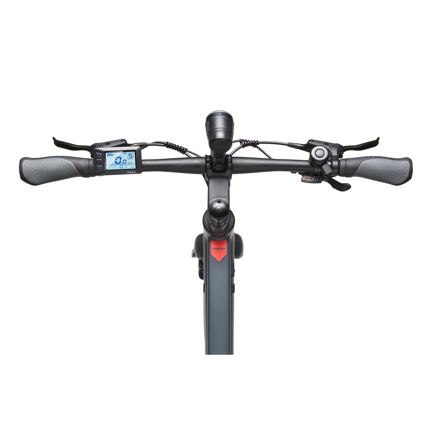 TELEFUNKEN E-Bike UH210 Urban: Lenkeransicht mit Display, Licht und Bremshebeln.