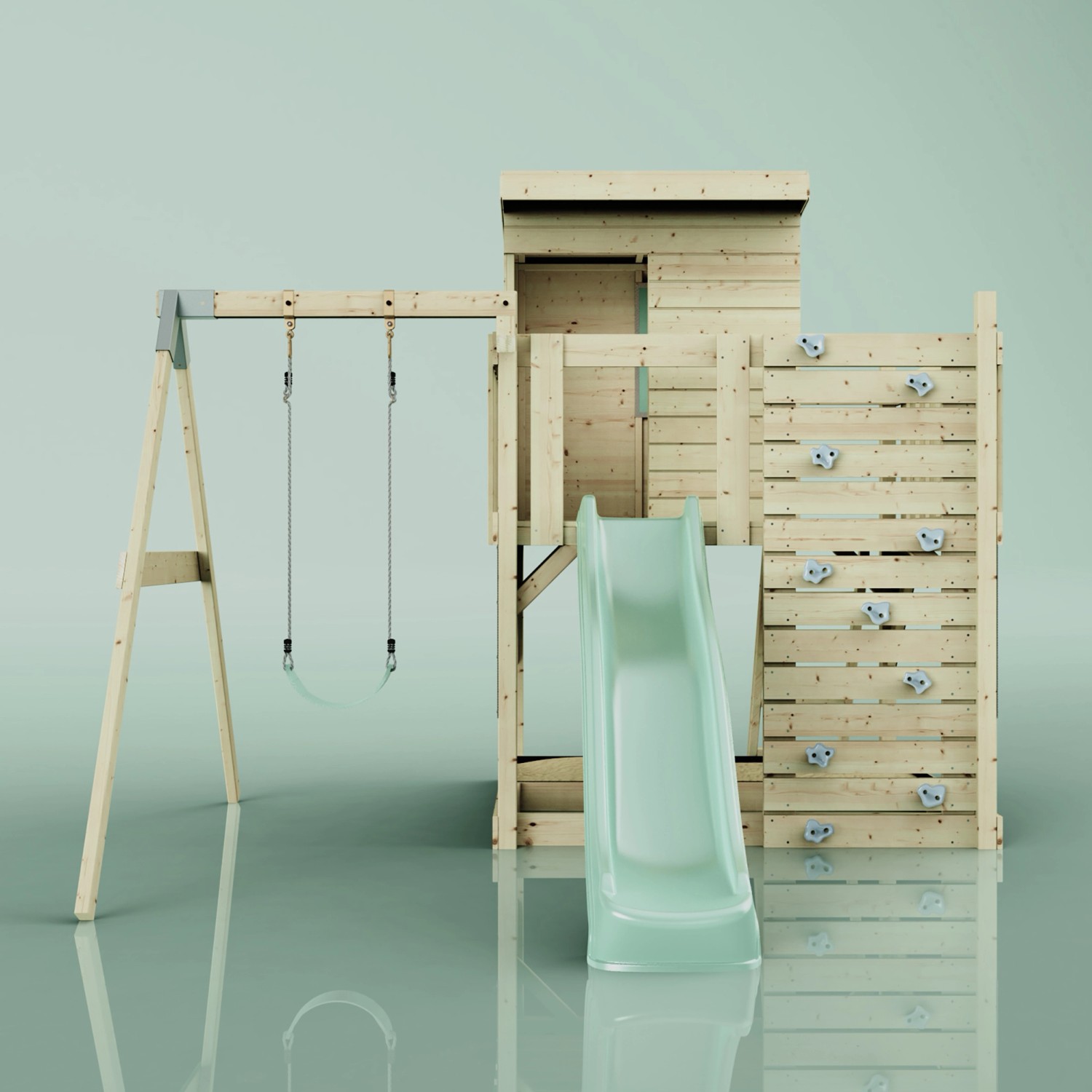 PolarPlay Spielturm Alma mit Schaukel, Rutsche und Kletterwand aus Holz, mintgrün.