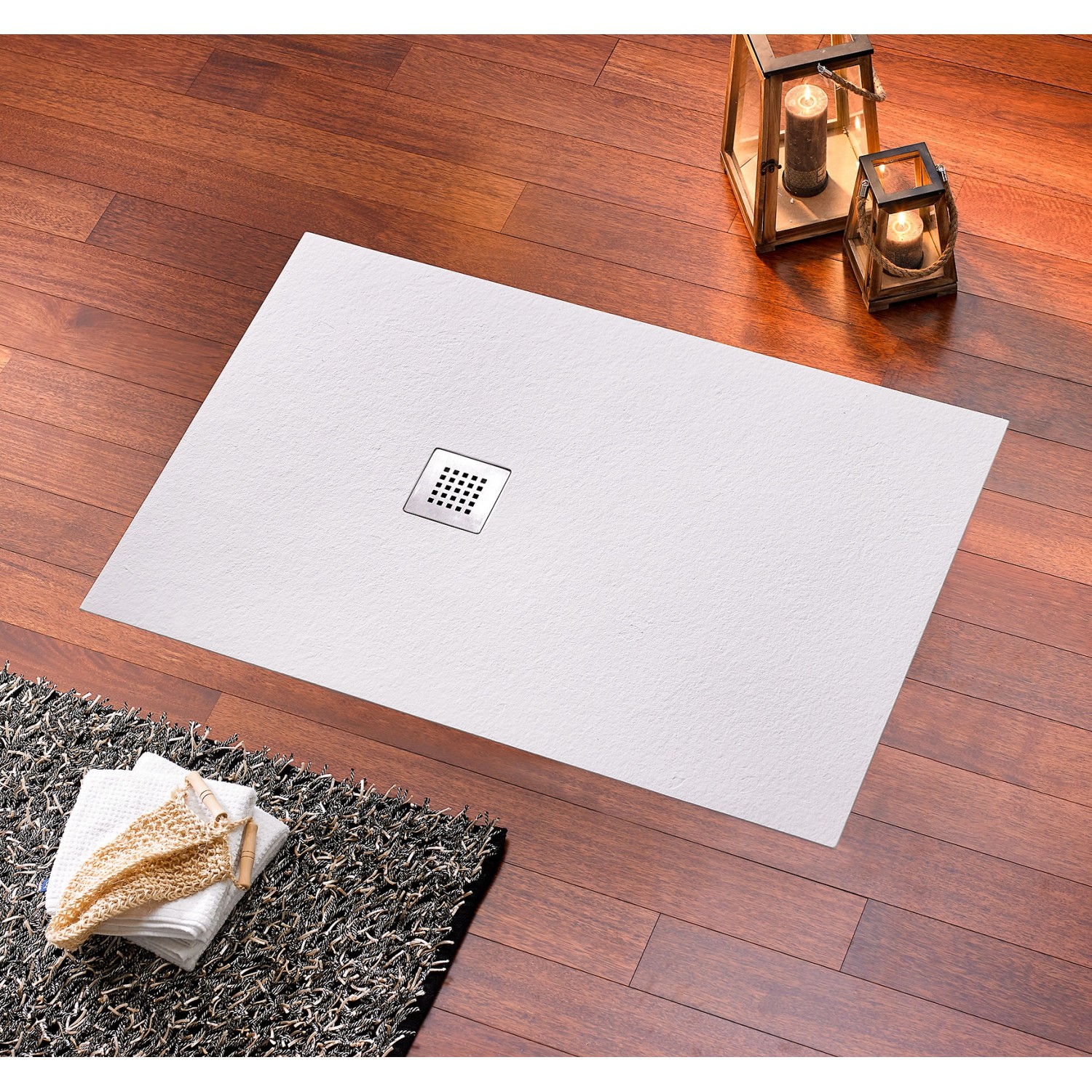 Rechteckige, extraflache Ottofond Duschwanne Strato, 100x80 cm, aus Mineralguss in Weiß mit Ablauf.