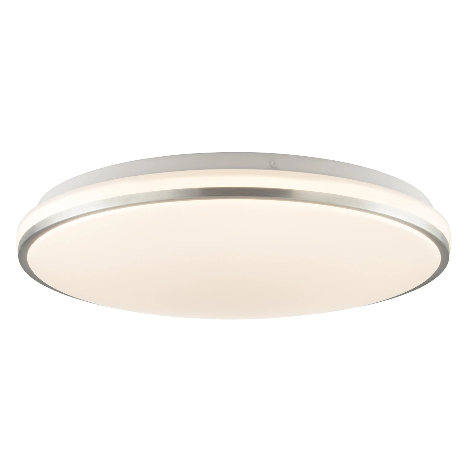 Weiße LED Deckenleuchte Avalis mit gebürstetem Aluminiumrahmen, Durchmesser 38 cm.