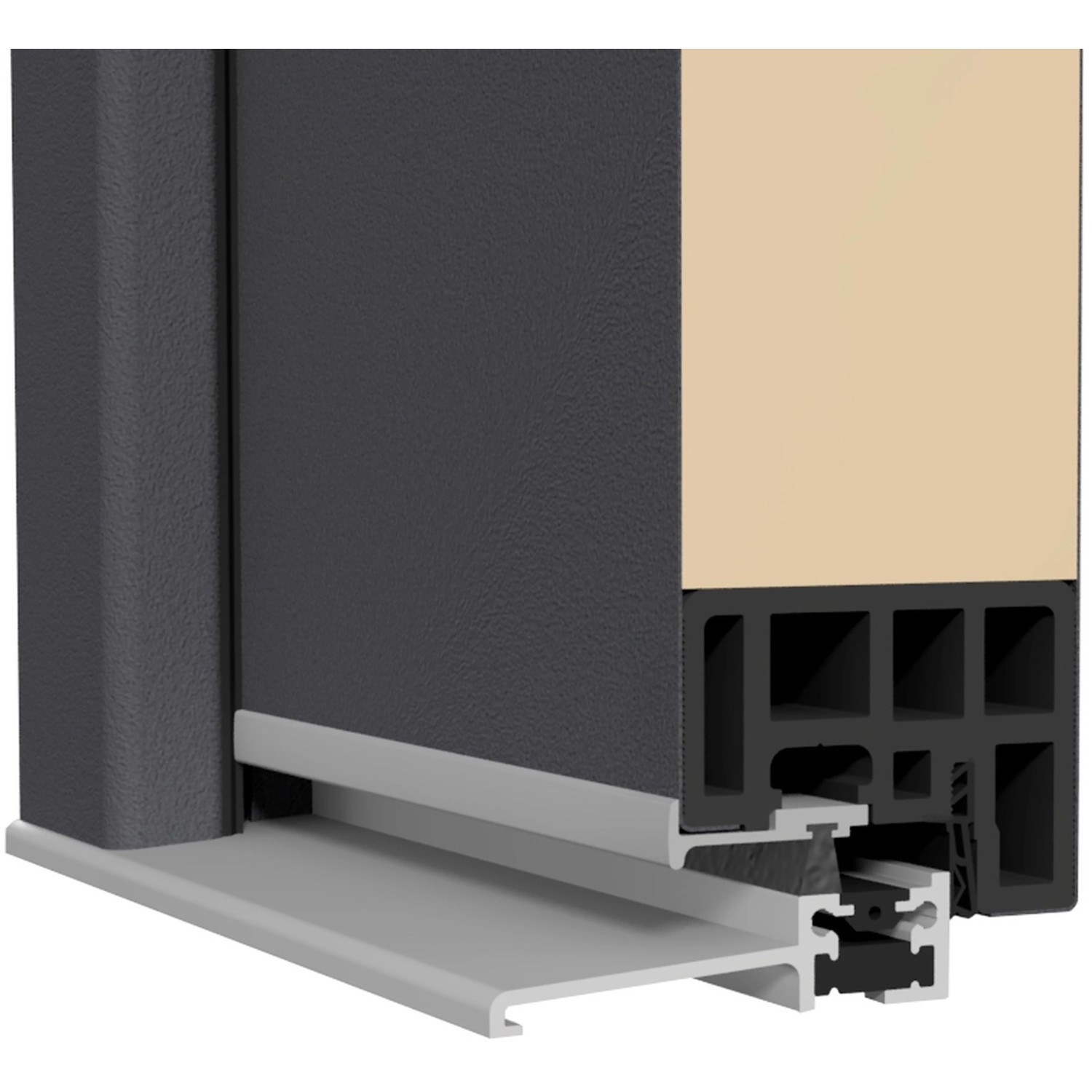 Detailansicht Splendoor Thermospace Haustür Berlin Prime, graue Tür mit Aluminiumrahmen und Dämmung.