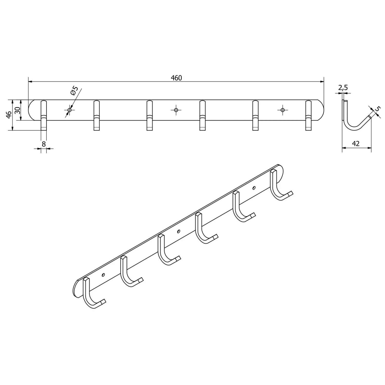 SOTECH SAMU Garderobenleiste aus gebürstetem Edelstahl mit 6 Haken für Kleidung und Schlüssel.