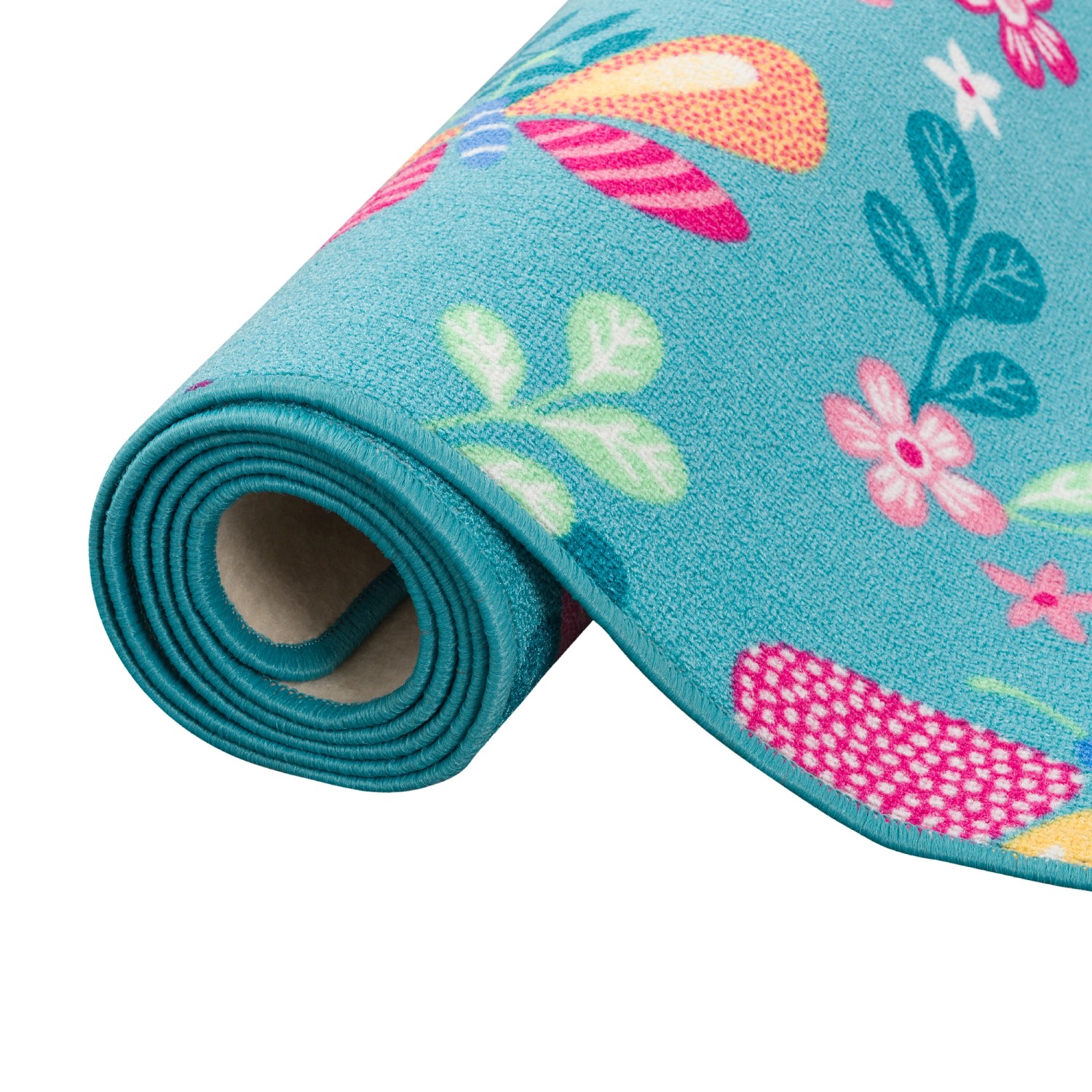 Gerollter, türkiser Kinderteppich (100x100cm) mit Schmetterlingsmuster. Snapstyle Spielteppich für Kinder.