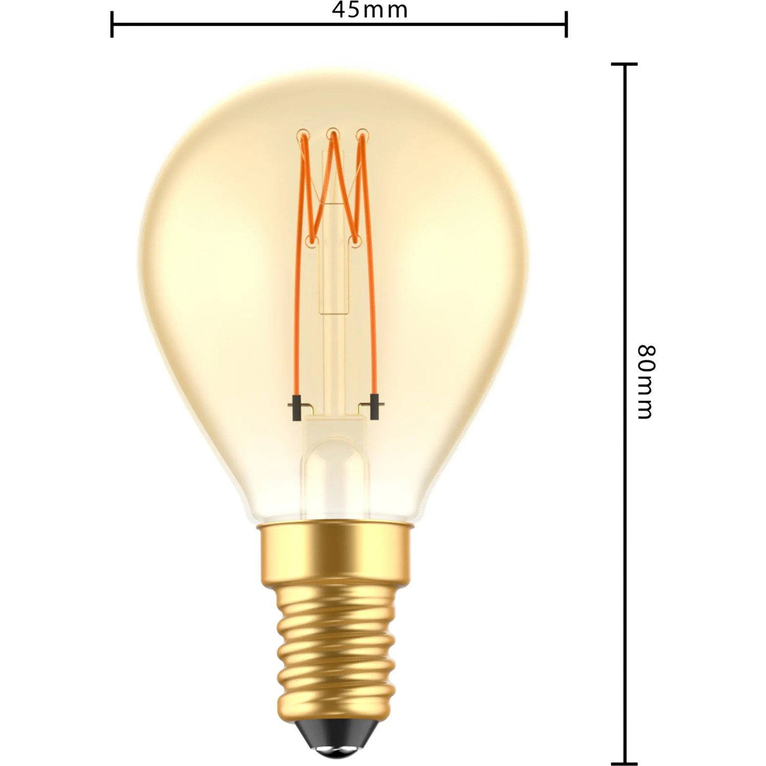 E14 LED-Lampe Globe G45, 2,5W, mit Filament und warmweißem Licht. Dimmbar, Ø 4,5 cm.