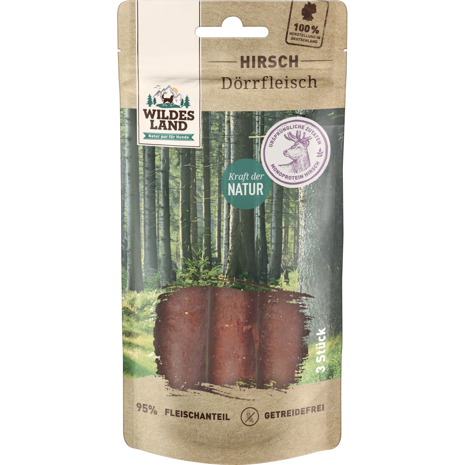 Wildes Land Hunde-Snack Hirsch Dörrfleisch 65 g 3 Stück