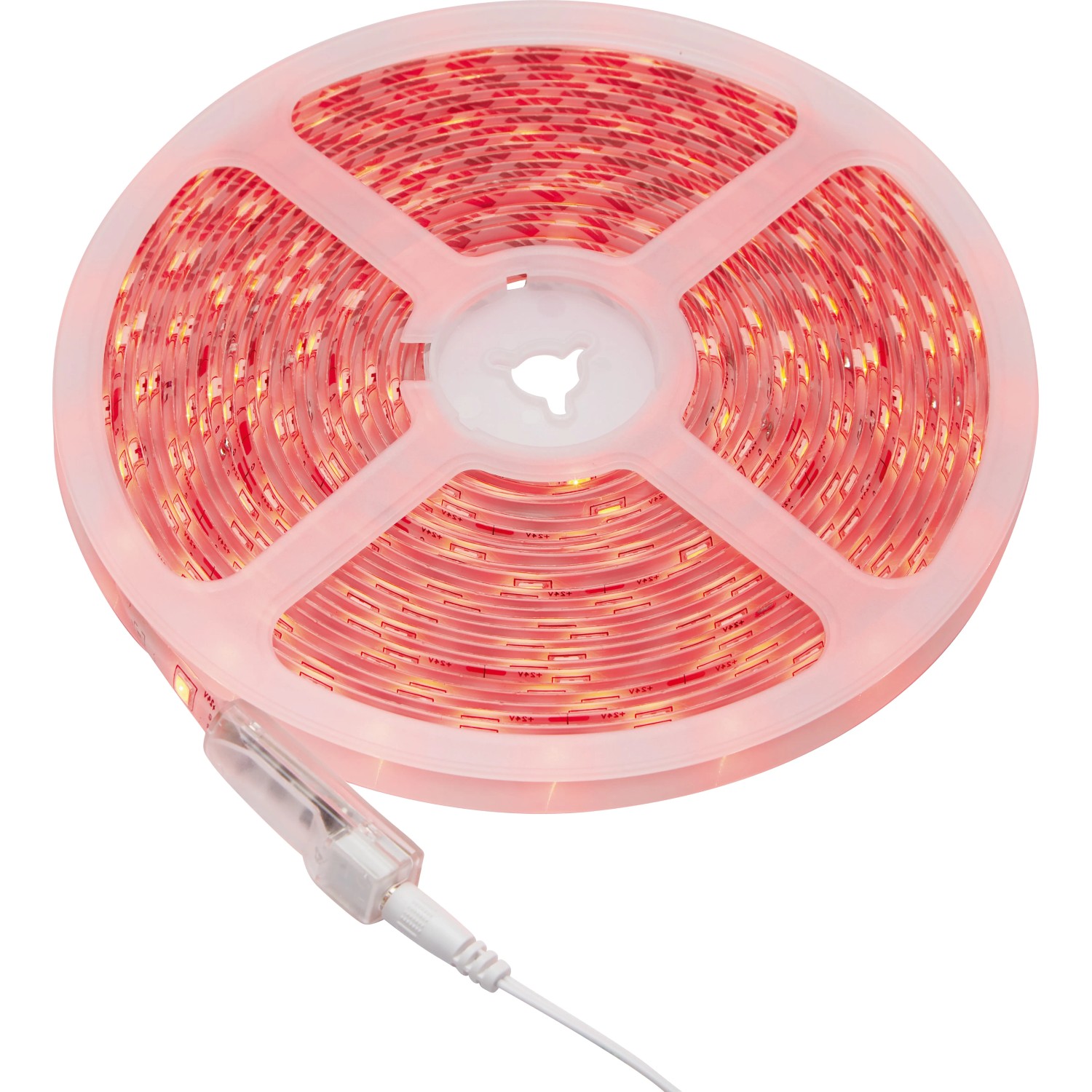 Aufgerolltes 10 m LED-Flexband RGB mit Fernbedienung, leuchtend rot.