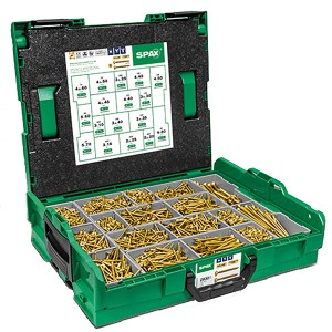 Spax Montagekoffer L-Boxx mit 2925 Yellox Schrauben und 4 Bits, sortiert im grünen Koffer.
