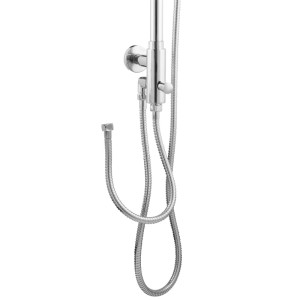 Verchromtes Duschsystem mit Brausestange, Mischer und zwei flexiblen Schläuchen. Modernes Aufputz Brauseset.