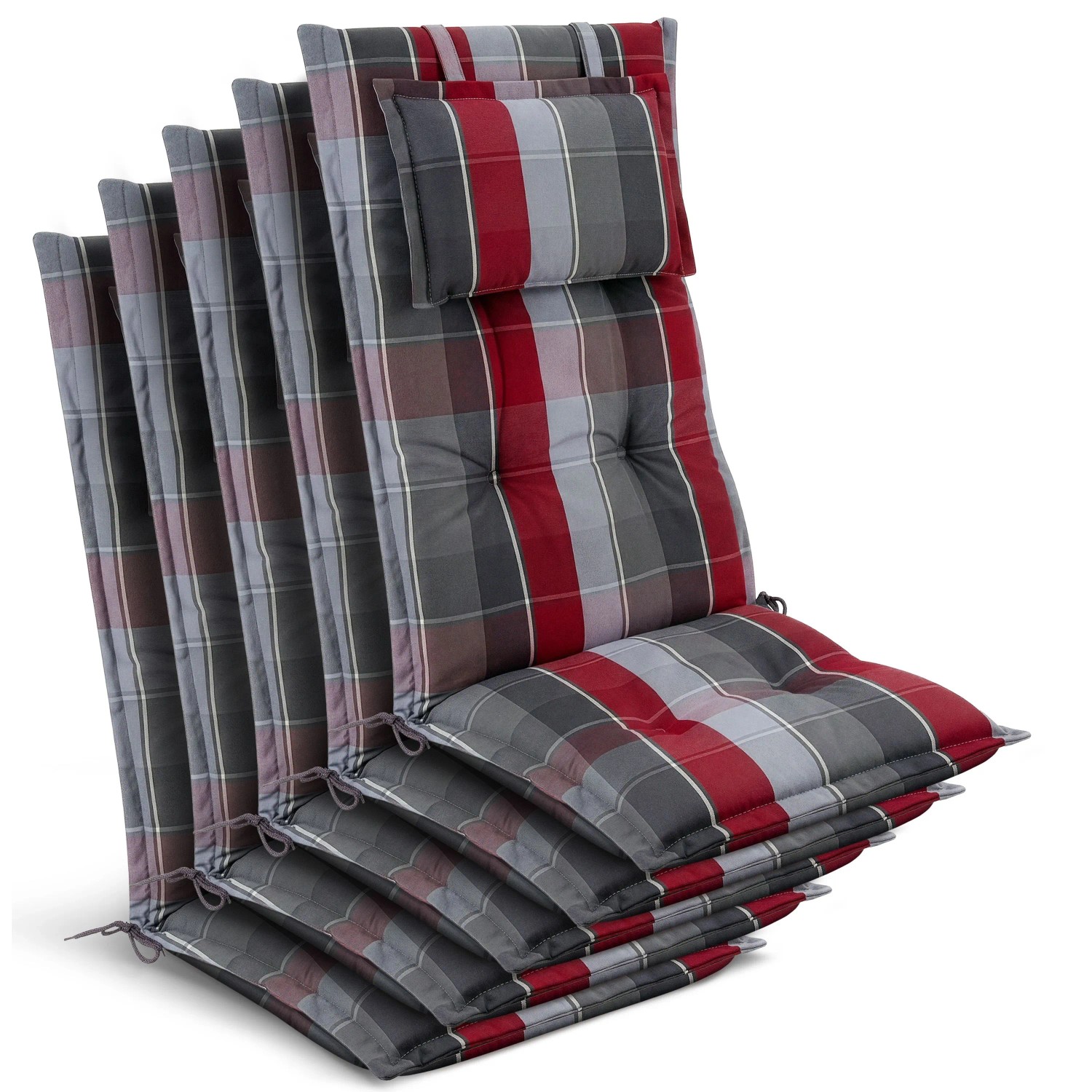 Beautissu 5x Gartenstuhlauflage Hochlehner 120x50x7cm Grau-Rot-Hellblau-Kariert