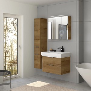 Steinkamp Waschtischunterschrank Living 2.0 Halifax Eiche mit GROHE Cube Waschtisch im Badezimmer.