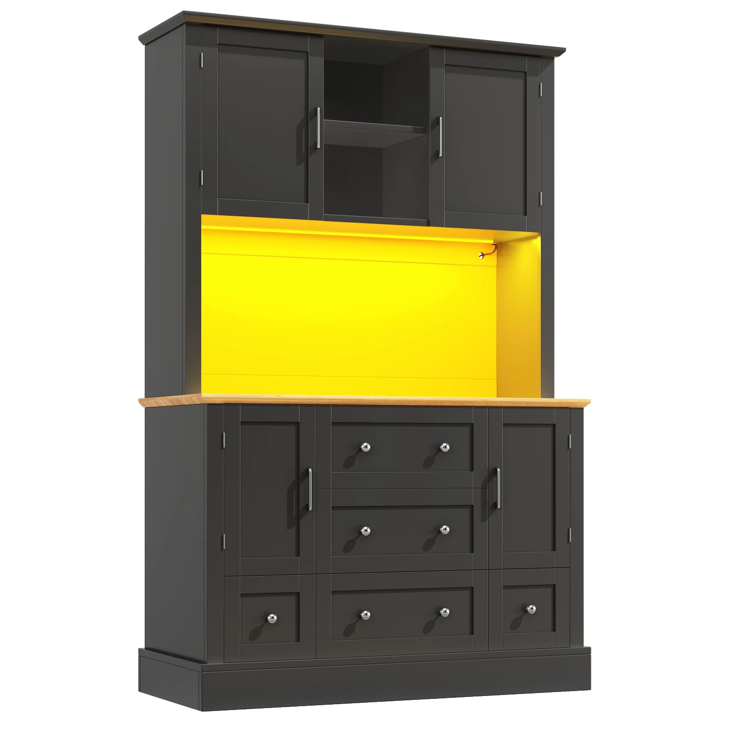 Merax Hochschrank 115x40x180 cm Schwarz 4 Türen 5 Schubladen LED App