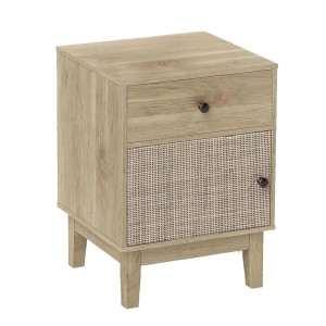 Costway Nachttisch: Helles Holz, Rattantür, Schublade. Moderner Beistelltisch in Natur-Optik.