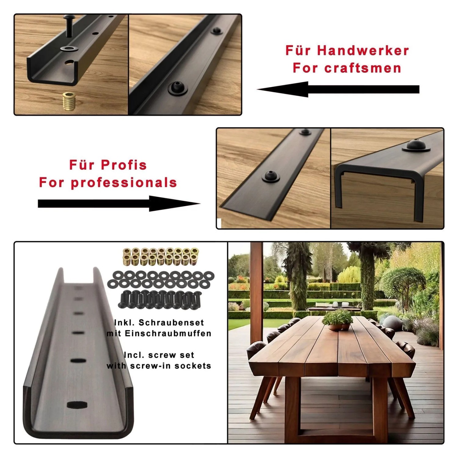 SOTECH 3 Stück Gratleisten U-Form 600 x 40 x 20 mm Vintage Look für Tischplatten_2