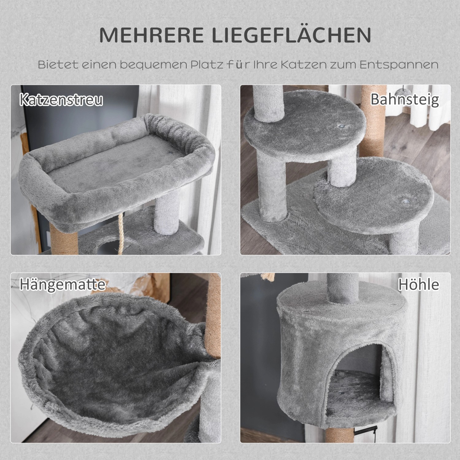 PawHut Kratzbaum, 120cm, grau, mit Katzenhöhle, Korb, Hängematte und Spielball. Mehrere Liegeflächen.