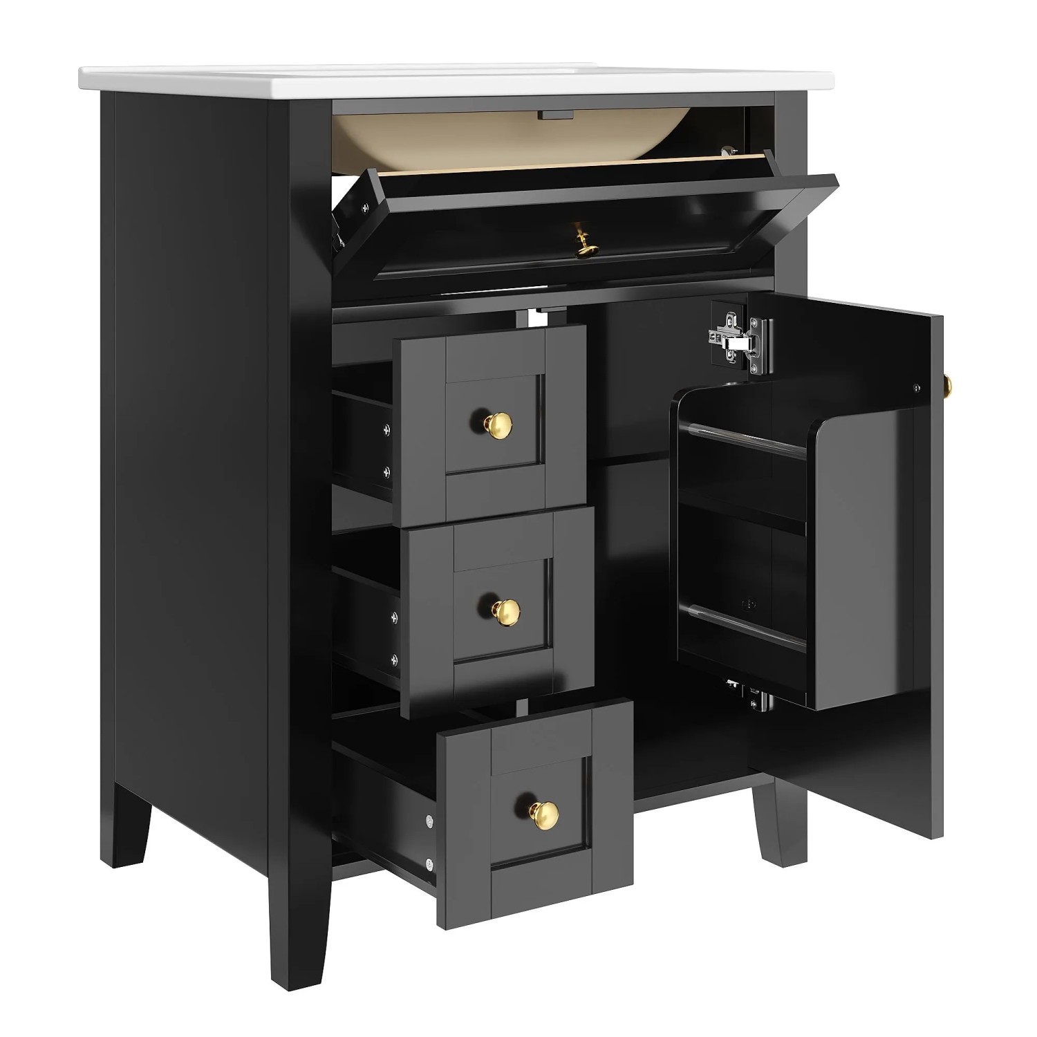 Merax Badezimmerschrank 61cm Schwarz Schubladen Türen