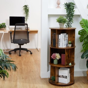 Braunes drehbares Bücherregal aus Holzwerkstoff im Industrial-Design. 3 Ebenen für Bücher und Deko.