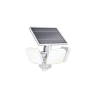 Weißer Philips Solar LED-Außenstrahler Zyren mit Solarpanel und drei Leuchten.