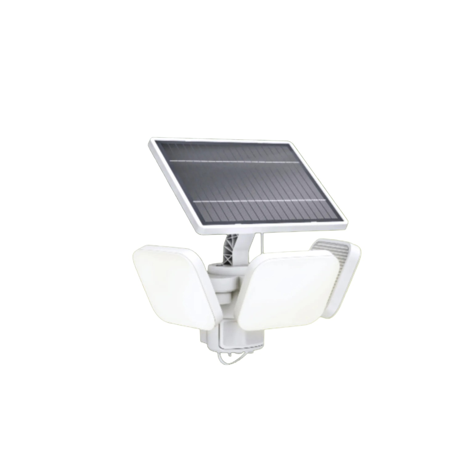 Weißer Philips Solar LED-Außenstrahler Zyren mit Solarpanel und drei Leuchten.