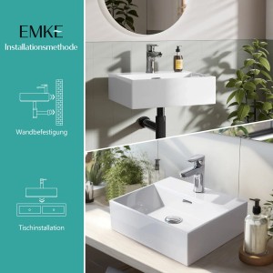 Emke Handwaschbecken, Keramik, weiß, zur Wand- oder Aufsatzmontage. Modernes Bad Design.