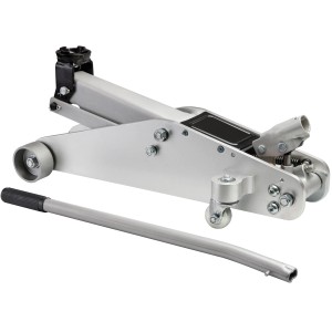 OBI Rangierwagenheber 2,25 t, silberner Wagenheber mit Hebel und Rollen für Autoreparatur.