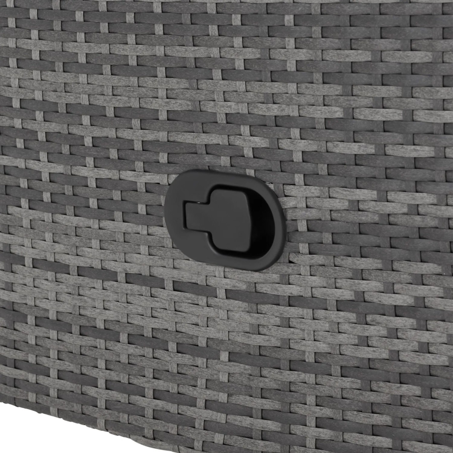 Graues Polyrattan-Geflecht des Tectake Rattansessels Pescara mit schwarzem Hebel zur Verstellung von Rückenlehne/Fußablage.