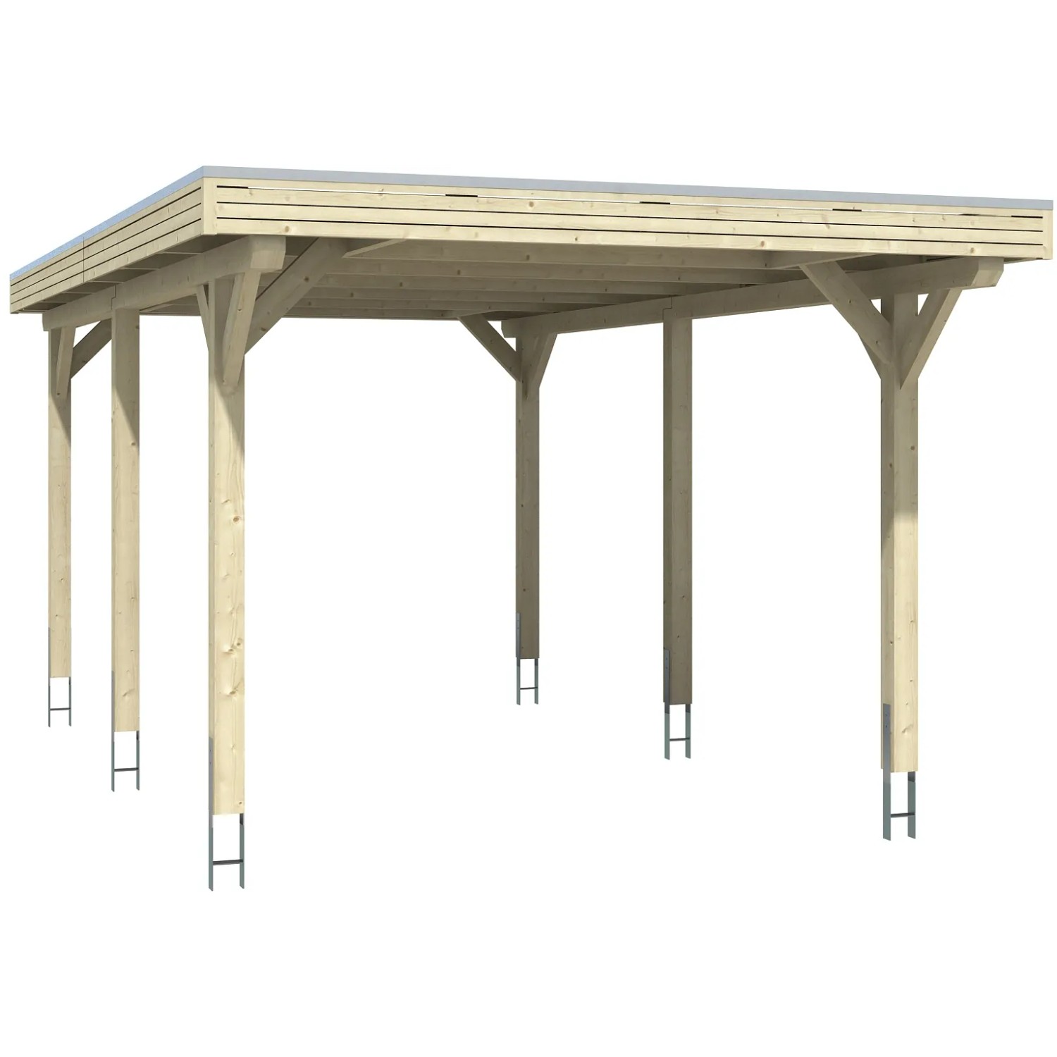 Skan Holz Carport Spessart, 355x604 cm, schiefergrau, mit flachem Dach und sechs Pfosten.