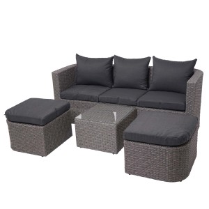 Graues 4-teiliges Lounge-Set mit anthrazitfarbenen Kissen, bestehend aus Sofa, Tisch und zwei Hockern.
