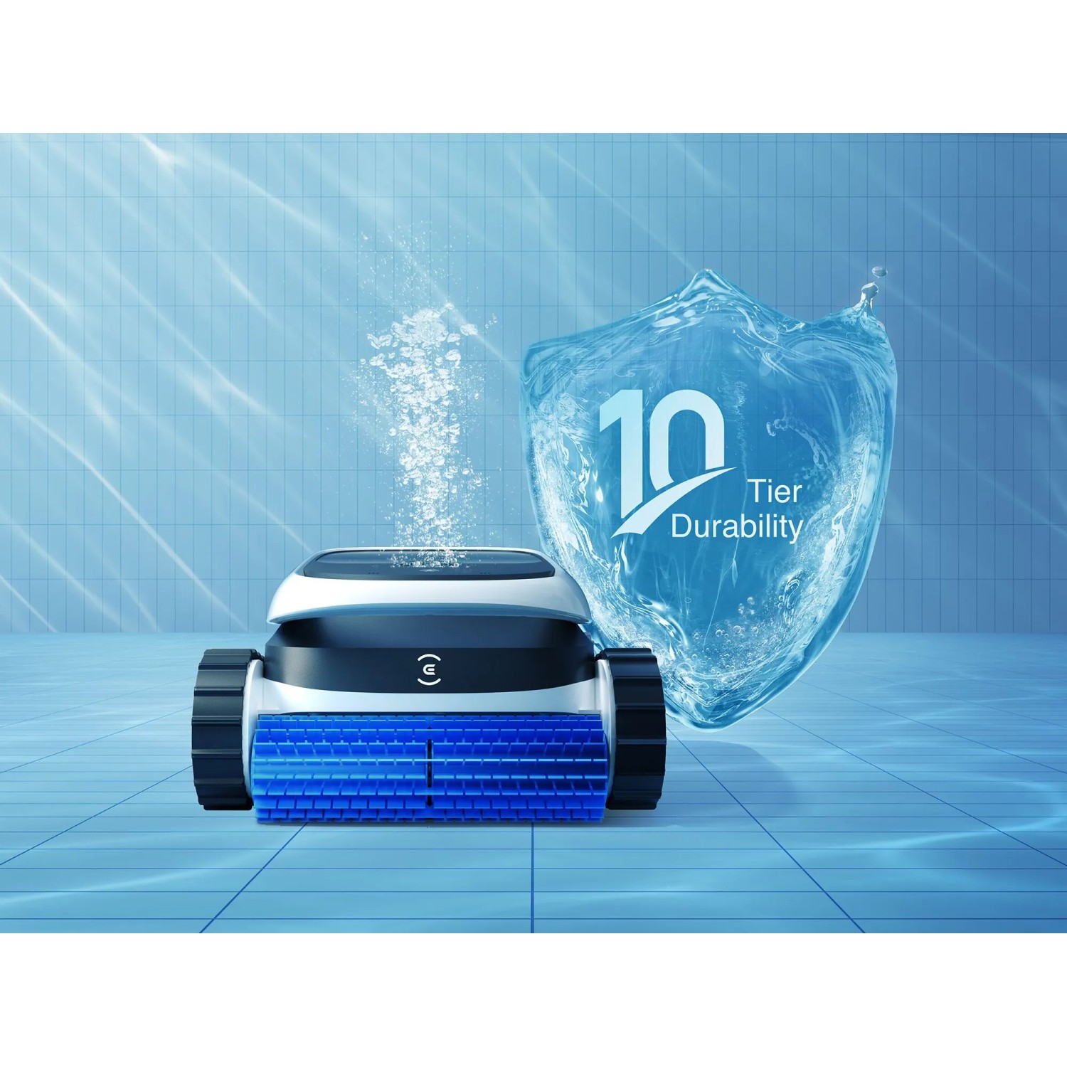 Ecovacs Poolroboter Ultramarine P1, weiß-blau, mit Reinigungsfunktion im Pool.