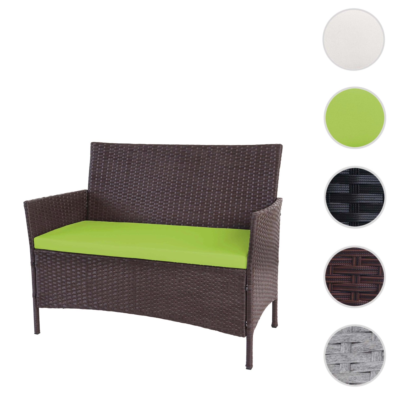 Braune Poly-Rattan Gartenbank Hamar mit grünen Kissen. Gartenmöbel für Terrasse und Balkon.