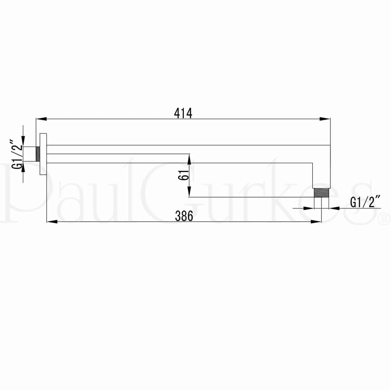 Technische Zeichnung: PaulGurkes Duschsystem Wandarm mit Maßangaben für Installation.