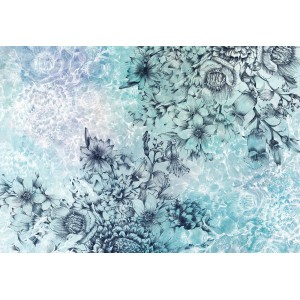 Komar Vlies Fototapete Windflower, 368x248cm, mit floralem Muster in Blau- und Grautönen.