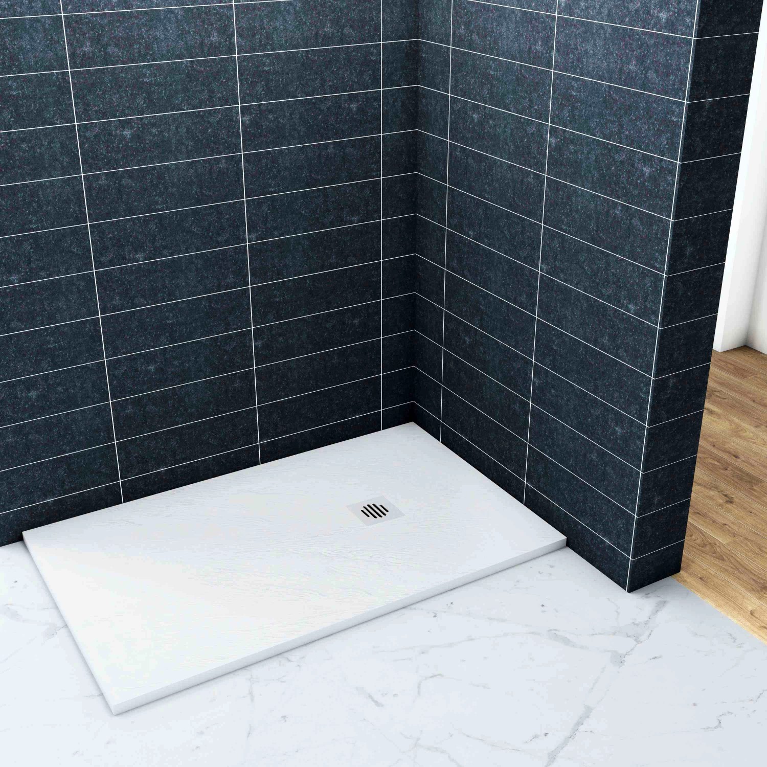 Rechteckige, weiße AICA Duschwanne (80x120cm) in Schieferoptik mit Ablaufabdeckung.