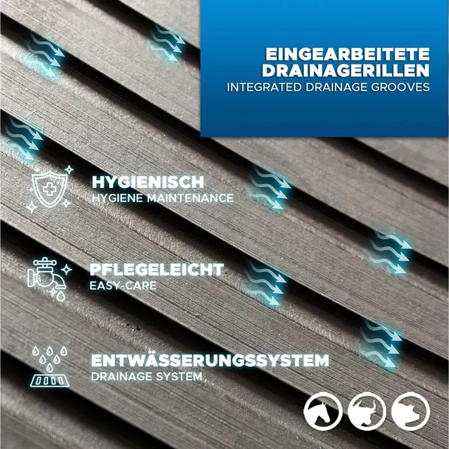 Detailaufnahme der KARAT Stallmatte Pontiac mit Drainagerillen und Hinweisen zu Hygiene und Pflege.