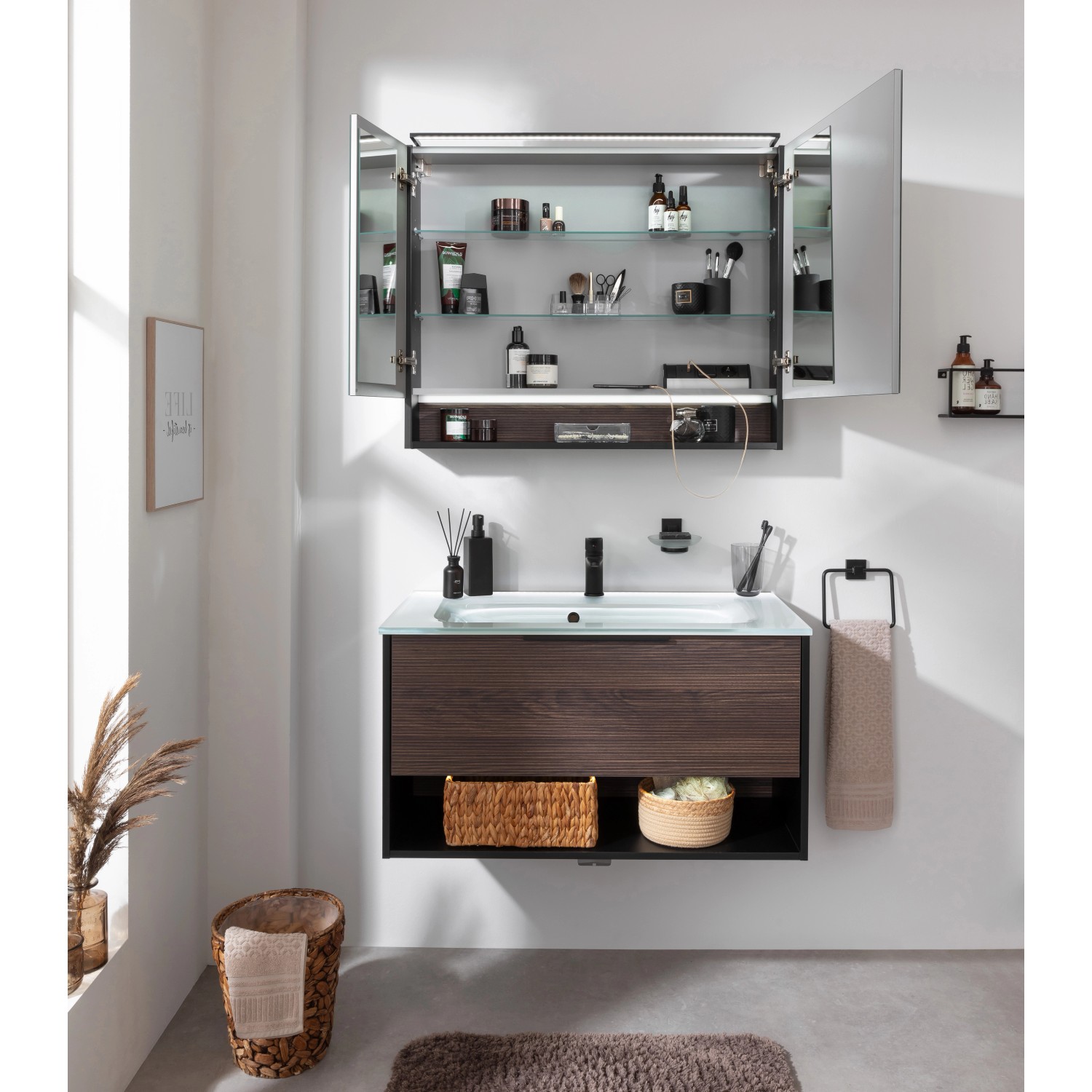 Fackelmann Waschtisch-Set B.Paris mit Glasbecken, 90,5cm, Schwarz Matt und Rigoletto Eiche Dekor.