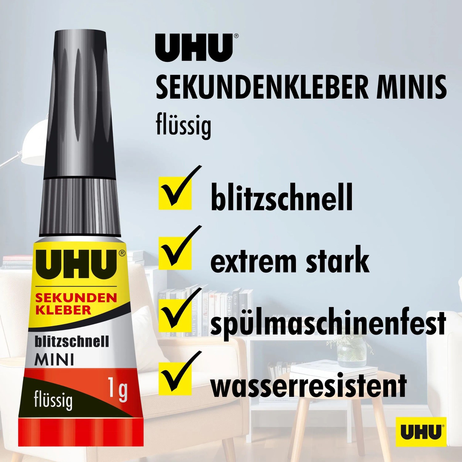 Uhu Sekundenkleber Mini, 3 Tuben à 1g, flüssig, blitzschnell, mit Aufbewahrungsbox.
