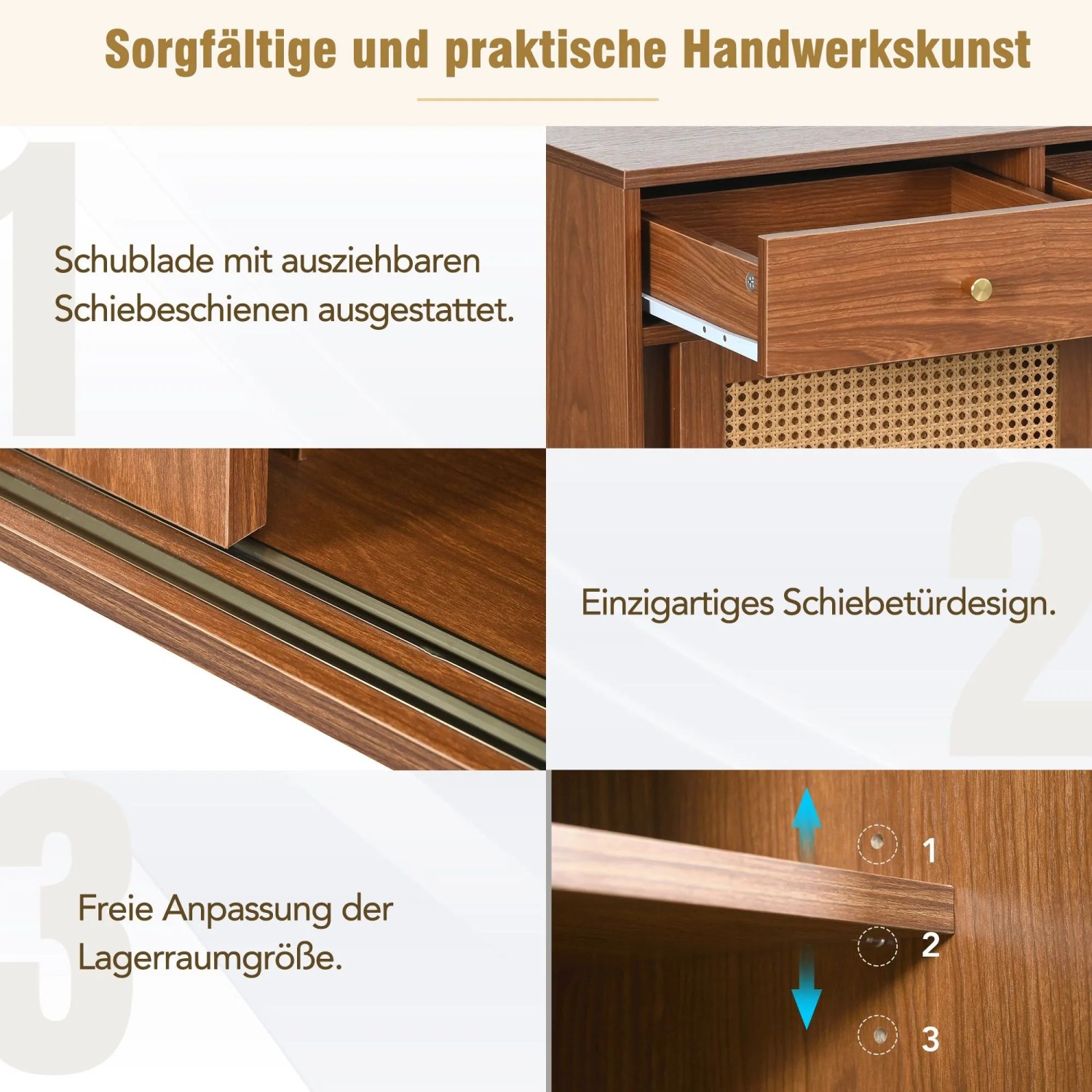 Merax Sideboard 120x40x78 cm Nussbaum Rattan 3 Schubladen 3 Schiebetüren_6