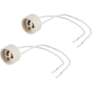 Zwei weiße Lampenfassungen GZ10/GU10 für Hochvolt-Halogenlampen mit Kabel.