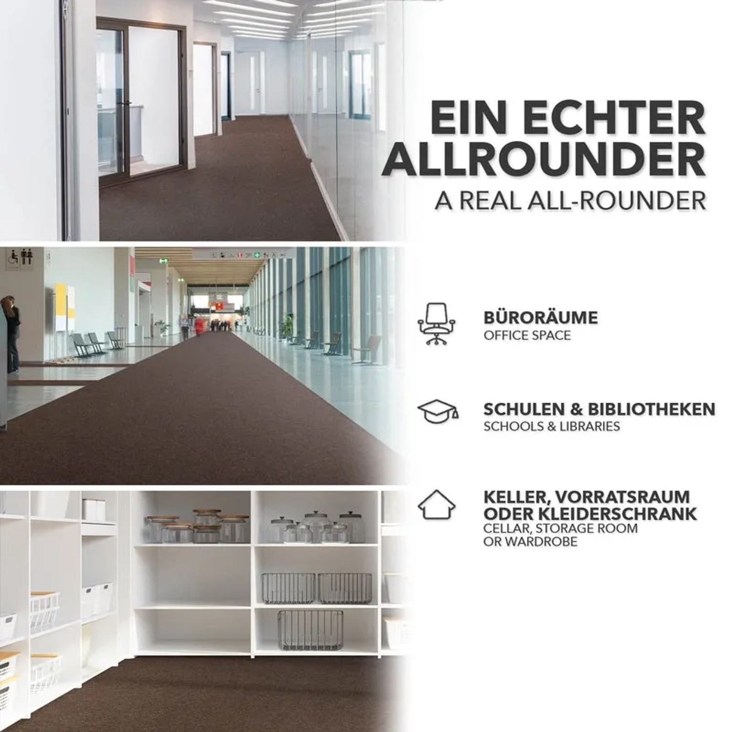 Brauner, zuschneidbarer Eventteppich KARAT Turbo für Büro, Messe, Keller, Schule und Bibliothek.