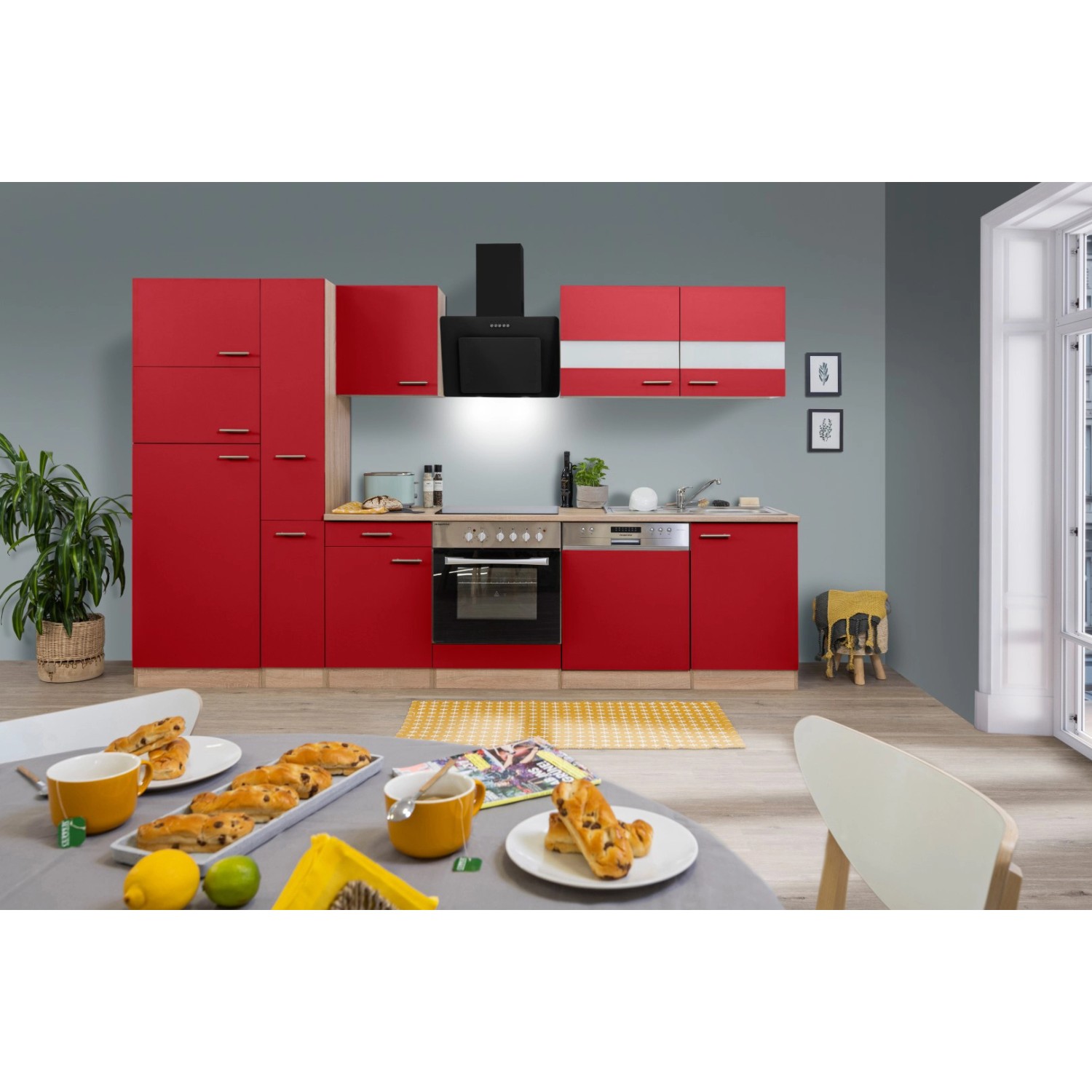 Respekta Küchenzeile/Küchenblock KB310ESRCGKE 310 cm Rot-Eiche Sägerau Nachbildung