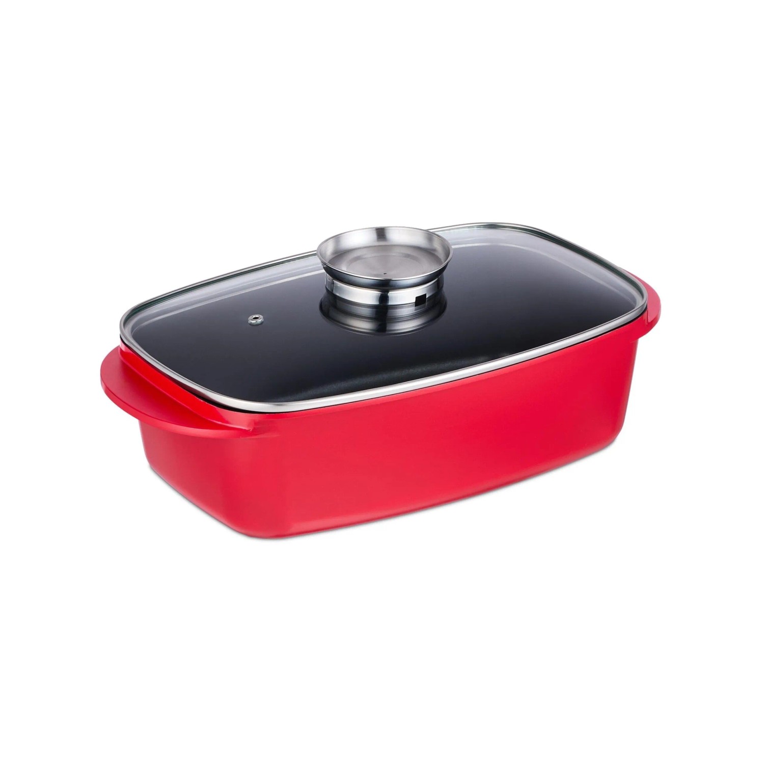Relaxdays Bräter Aluguss Glas Edelstahl Rot Transparent Silber Antihaftbeschichtet Ofengeeignet mit Aromaknopf 15 x 39,5 x 22 cm 1,8 kg