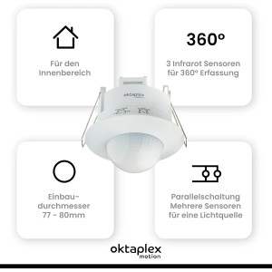 Oktaplex Sam 360° Infrarot Präsenzmelder 2er Set, Unterputz Bewegungsmelder in Weiß.