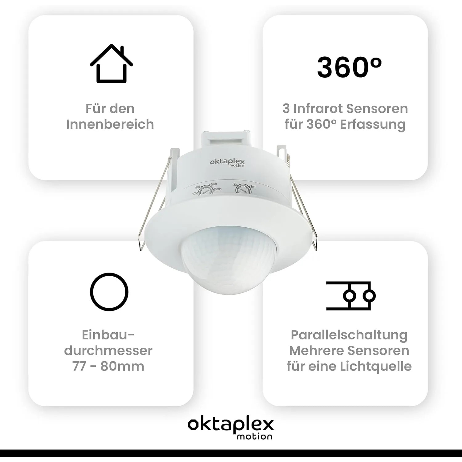 Oktaplex Sam 360° Infrarot Präsenzmelder 2er Set, Unterputz Bewegungsmelder in Weiß.