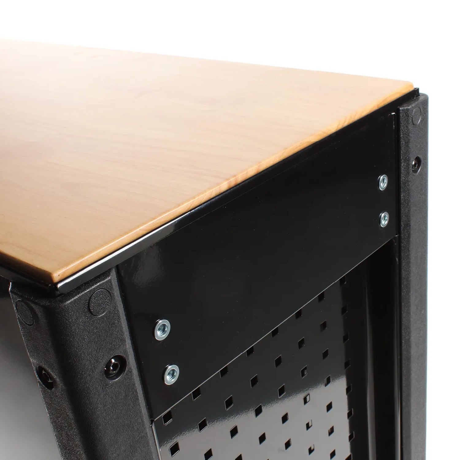 Detailansicht Werkzeugwagen Mephisto Pro-Line BIG XXL: Arbeitsfläche aus Holz, schwarzes Stahlgestell.