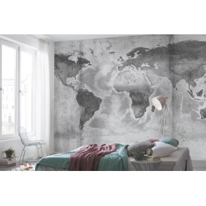 Komar Vlies Fototapete Concrete World, 500x250cm, Weltkarte in Betonoptik im Schlafzimmer.
