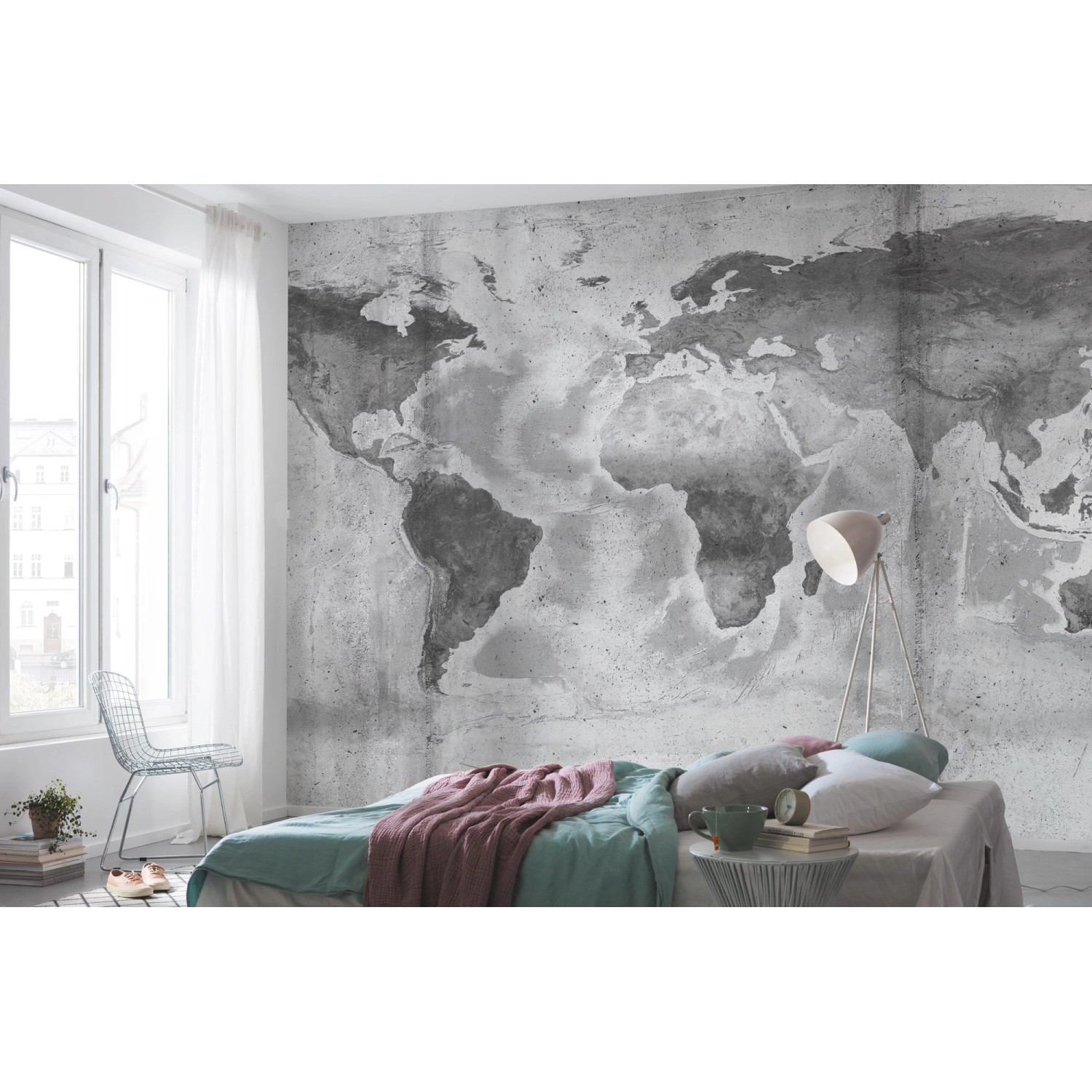 Komar Vlies Fototapete Concrete World, 500x250cm, Weltkarte in Betonoptik im Schlafzimmer.