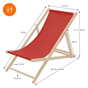 Roter, klappbarer Holz-Liegestuhl (5er Set) mit verstellbarer Rückenlehne und Maßangaben.