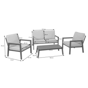 MCW Gartenmöbel Garnitur L64, 4er-Set grau. Bequeme Sitzgruppe mit 2 Sesseln, Sofa und Tisch für Terrasse & Garten.